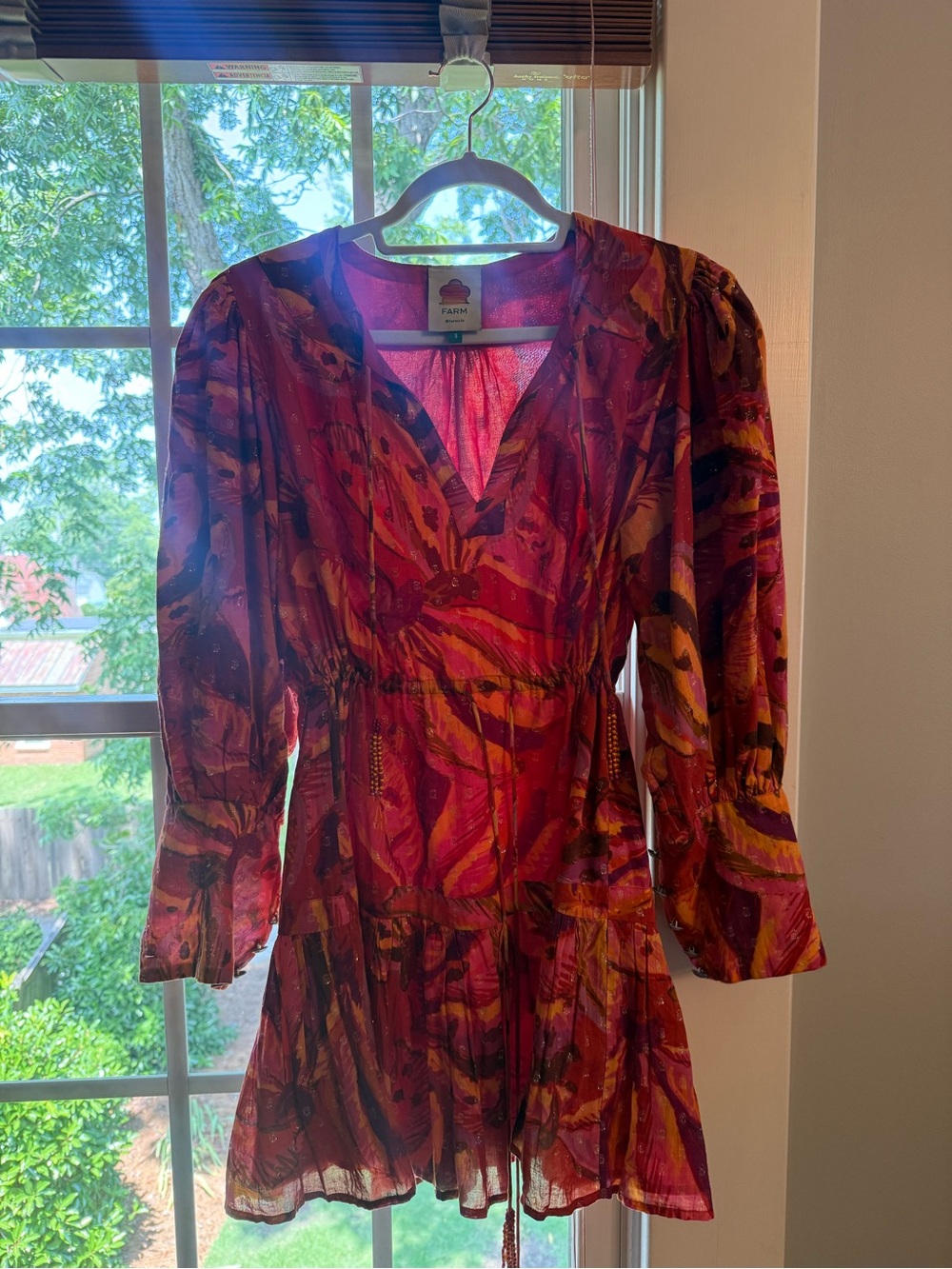 FARM Rio Fuchsia, Red & Orange V-Neck Printed Long-Sleeve Dress